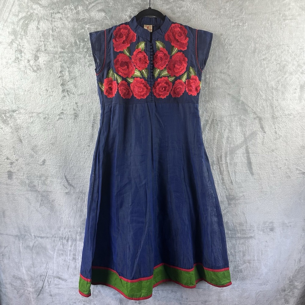 Cherry Red Dina Designs Dress Women's L Navy Blue w/ Red Green Floral Embroidery